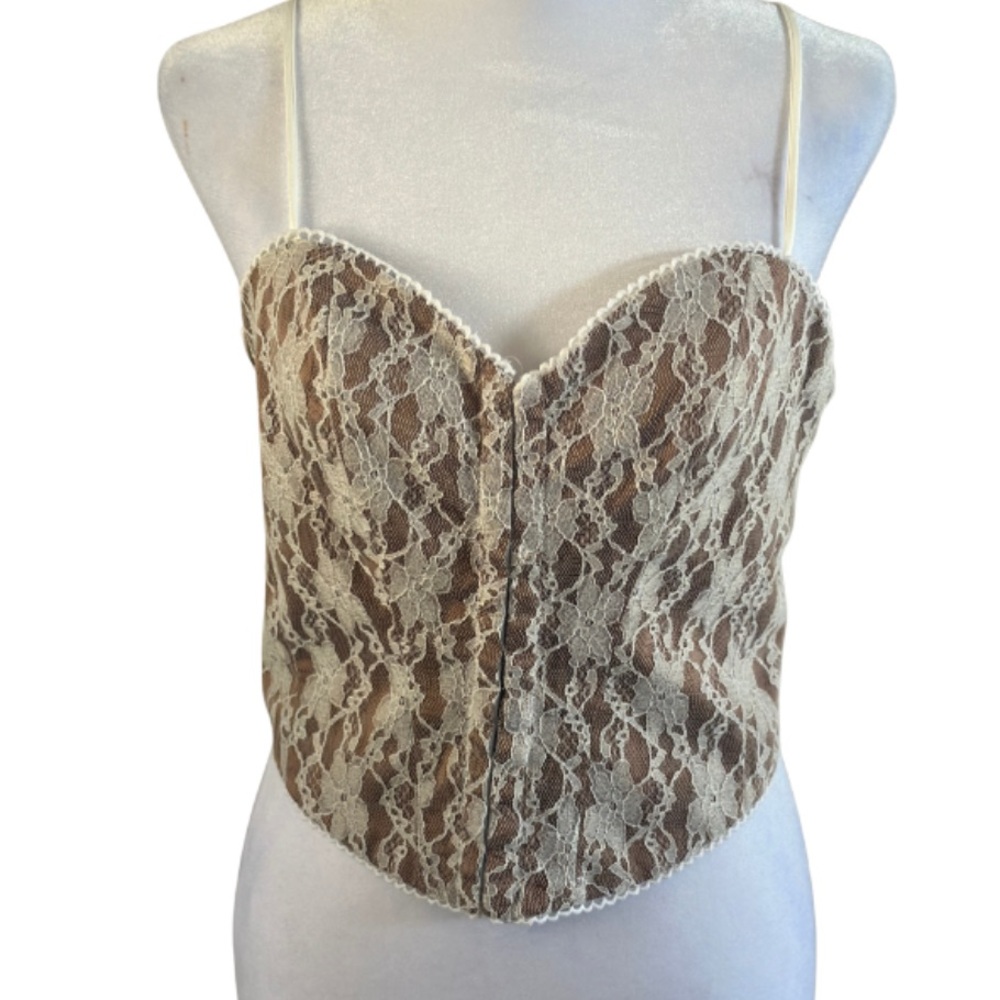 Beverly and Beck White Lace Corset Bustier Top Over Brown Satin Lining - Picture 2 of 6